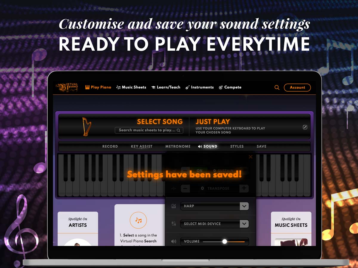 Customise and save your sound settings, Virtual Piano, Laptop Customise and save your sound settings, Virtual Piano, Laptop